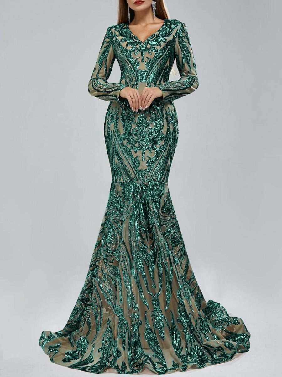Evening Dresses with Sequin in Trumpet/Mermaid V-Neck Long Sleeves Floor-Length Style