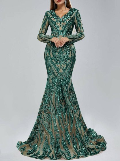 Evening Dresses with Sequin in Trumpet/Mermaid V-Neck Long Sleeves Floor-Length Style