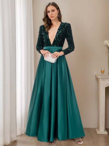 Floor-Length Evening Dresses with High Split in A-Line/Princess V-Neck Long Sleeves