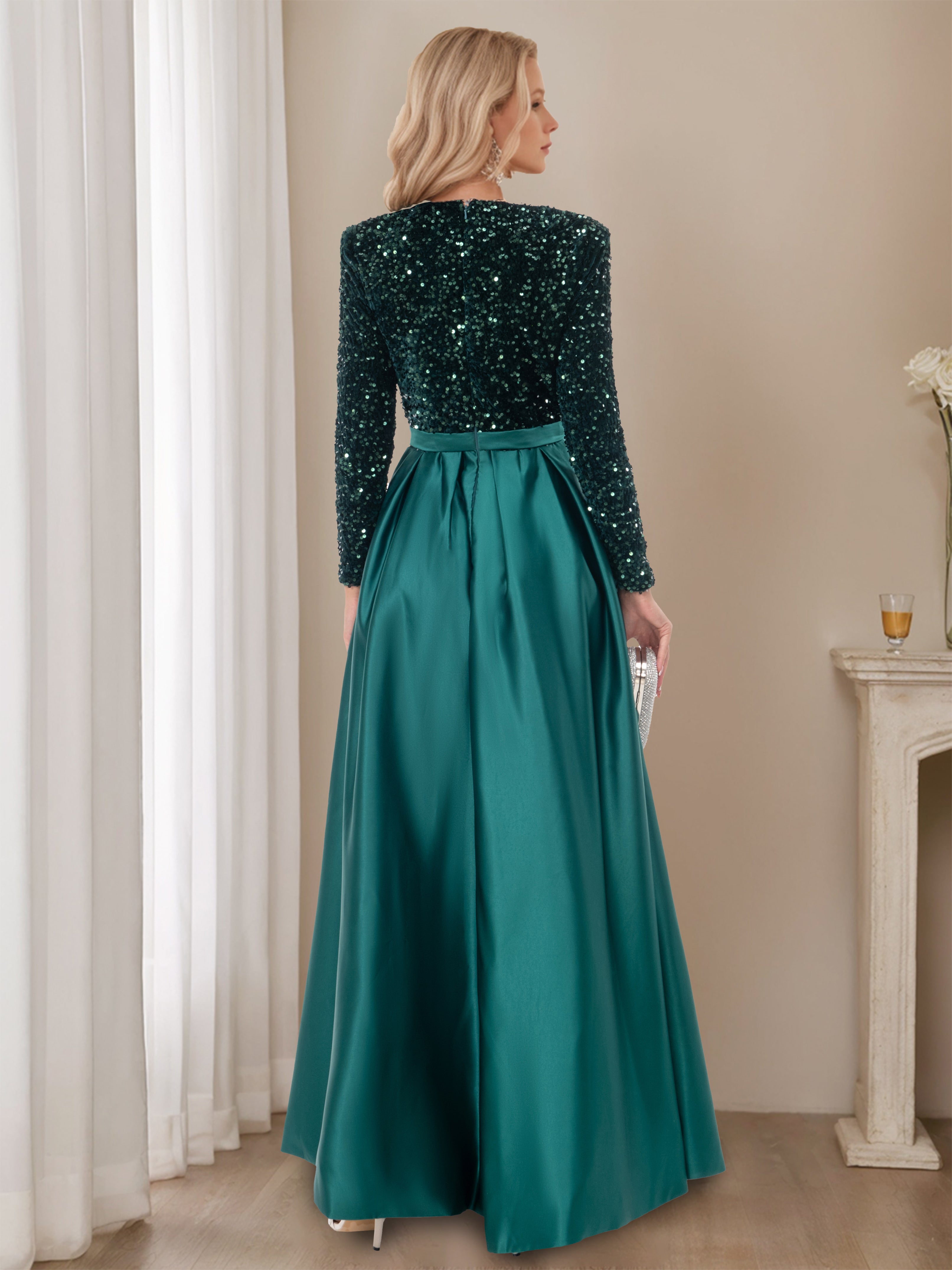 Floor-Length Evening Dresses with High Split in A-Line/Princess V-Neck Long Sleeves