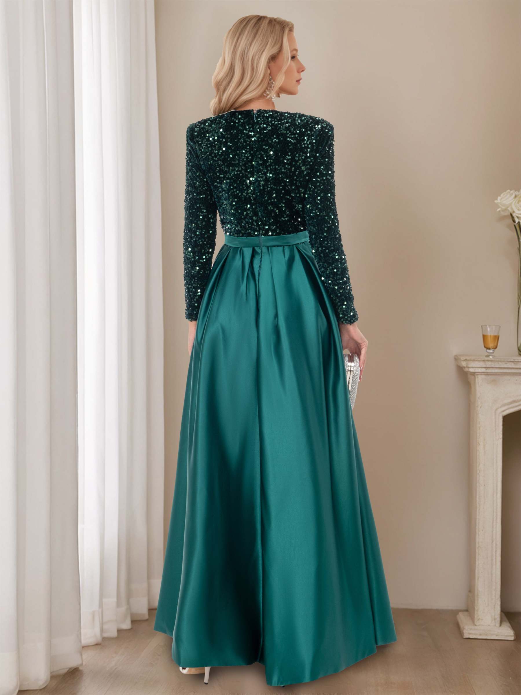 Floor-Length Evening Dresses with High Split in A-Line/Princess V-Neck Long Sleeves