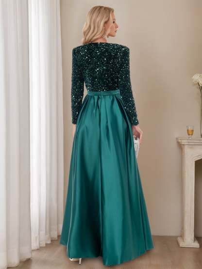 Floor-Length Evening Dresses with High Split in A-Line/Princess V-Neck Long Sleeves