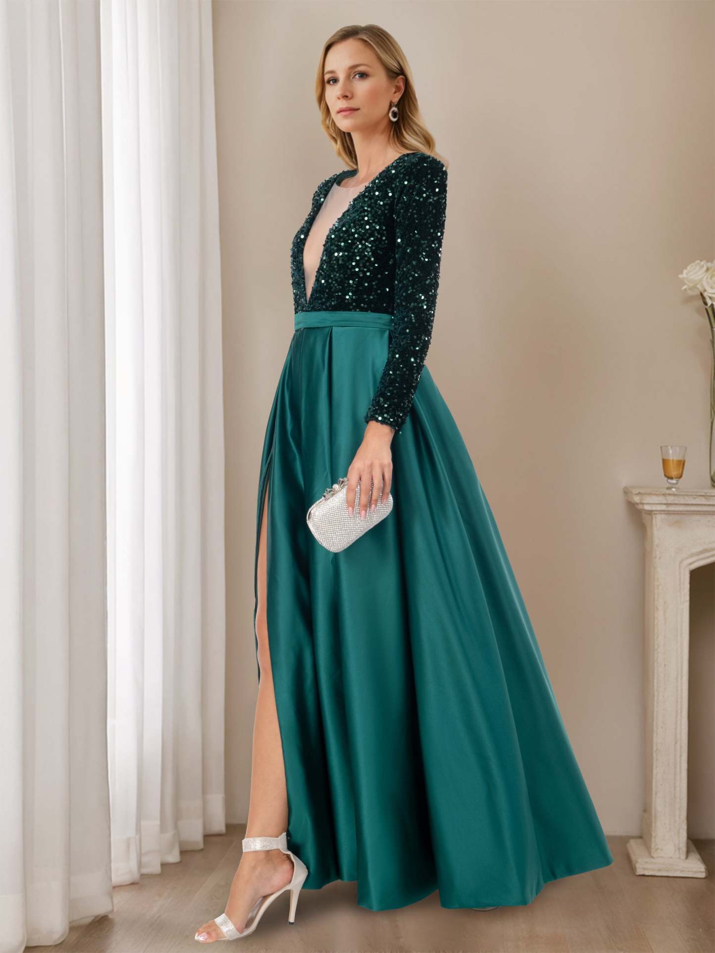 Floor-Length Evening Dresses with High Split in A-Line/Princess V-Neck Long Sleeves