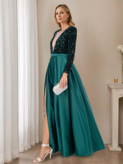 Floor-Length Evening Dresses with High Split in A-Line/Princess V-Neck Long Sleeves
