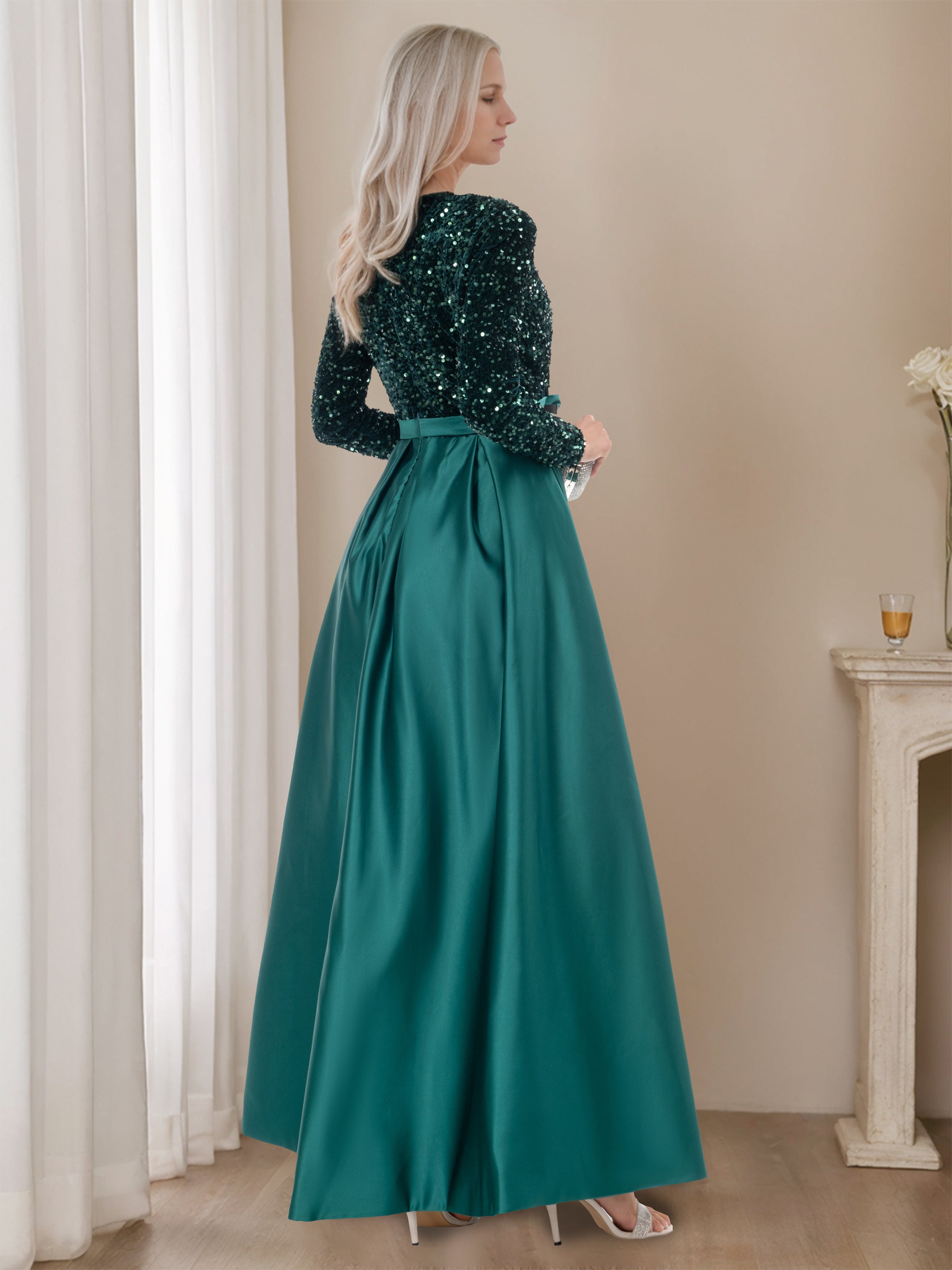 Floor-Length Evening Dresses with High Split in A-Line/Princess V-Neck Long Sleeves