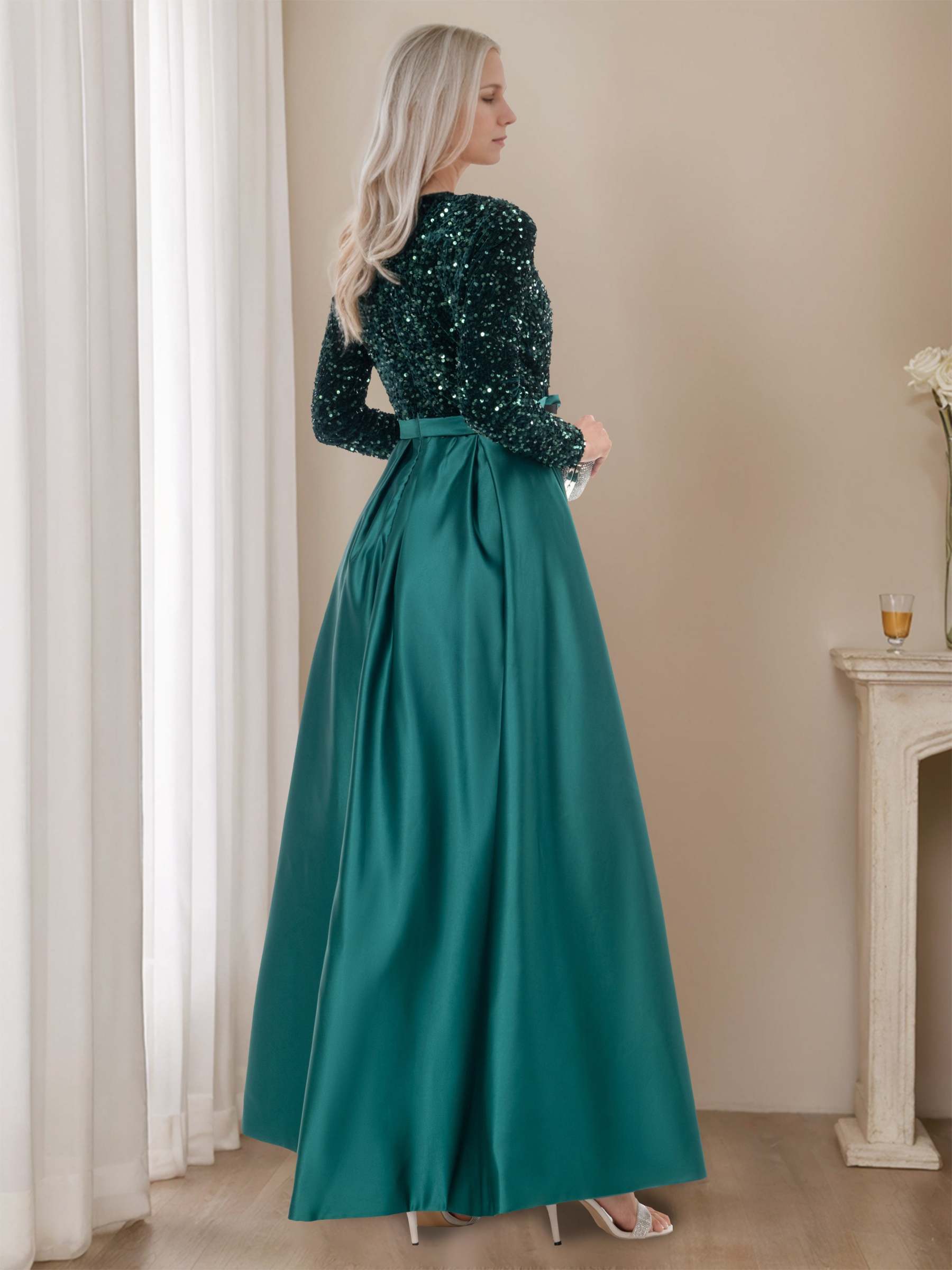 Floor-Length Evening Dresses with High Split in A-Line/Princess V-Neck Long Sleeves