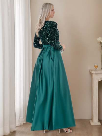 Floor-Length Evening Dresses with High Split in A-Line/Princess V-Neck Long Sleeves