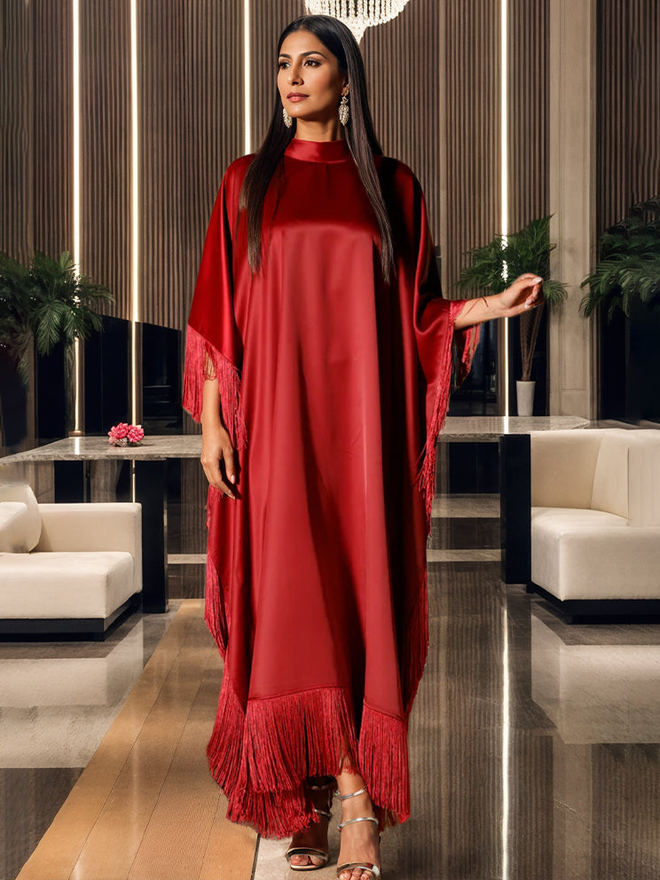 High Neck A-Line Princess Ankle-Length Evening Dresses in Satin with Fringe