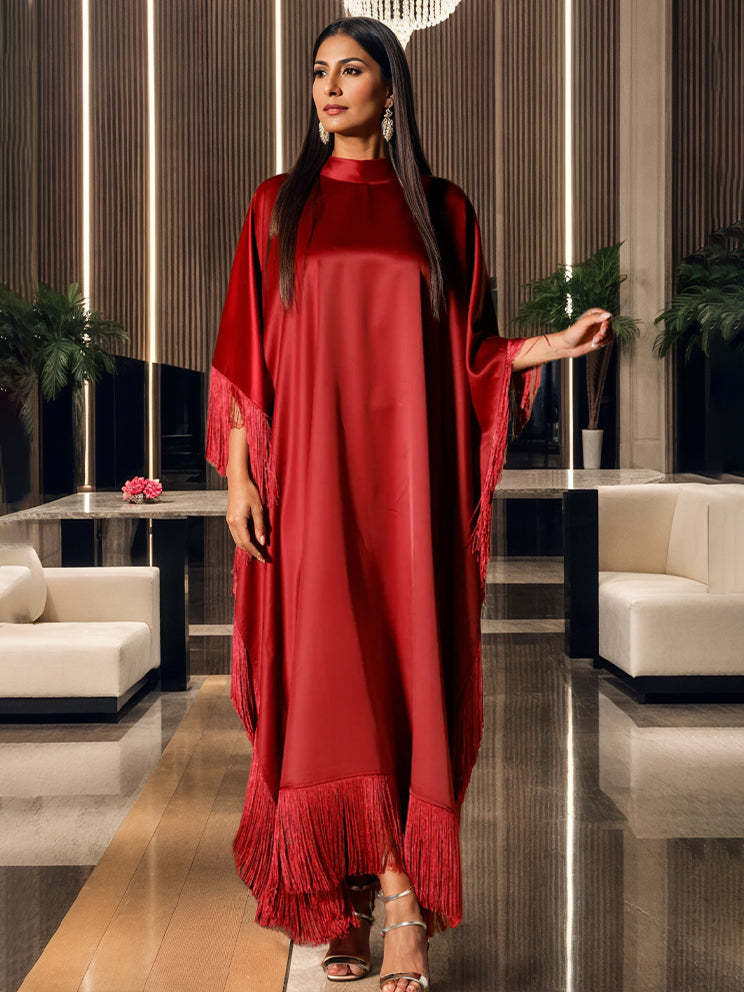 High Neck A-Line Princess Ankle-Length Evening Dresses in Satin with Fringe