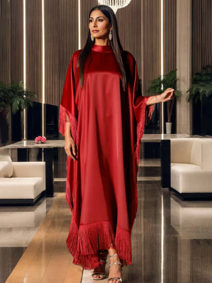 High Neck A-Line Princess Ankle-Length Evening Dresses in Satin with Fringe