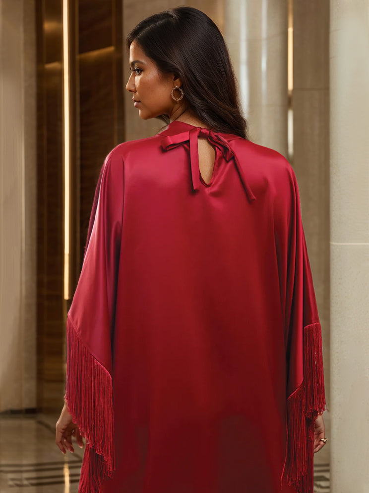 High Neck A-Line Princess Ankle-Length Evening Dresses in Satin with Fringe