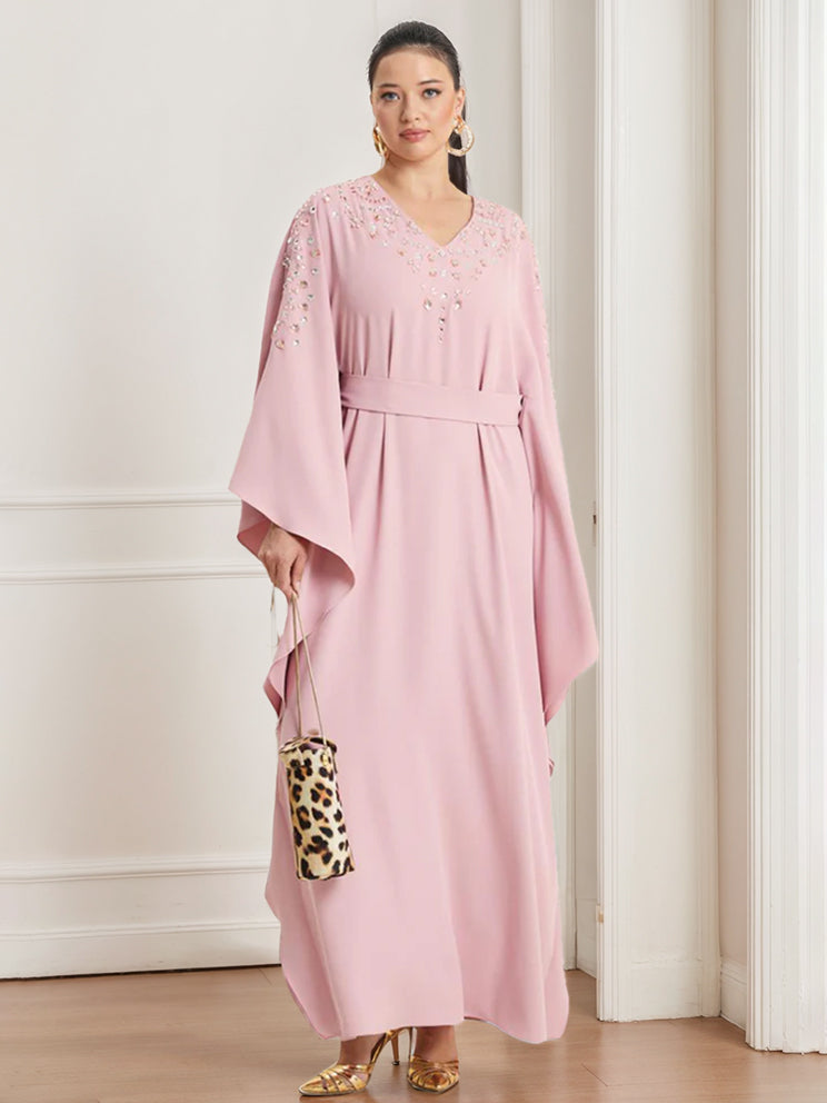 V-Neck A-Line Princess Evening Dresses with Rhinestone Long Sleeves and Ankle Length