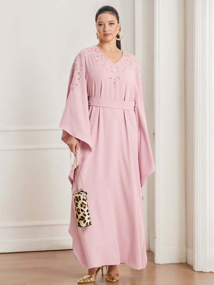 V-Neck A-Line Princess Evening Dresses with Rhinestone Long Sleeves and Ankle Length