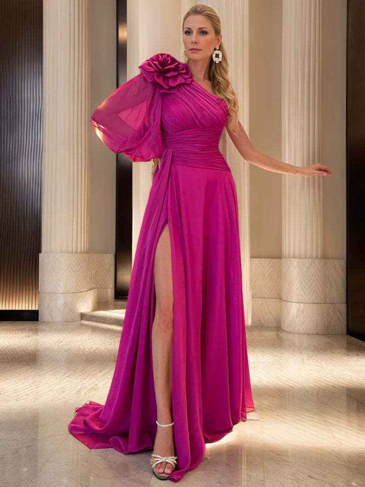 One-shoulder A-Line/Princess Floor-Length Ruched Evening Gown with High Slit & Floral Detail