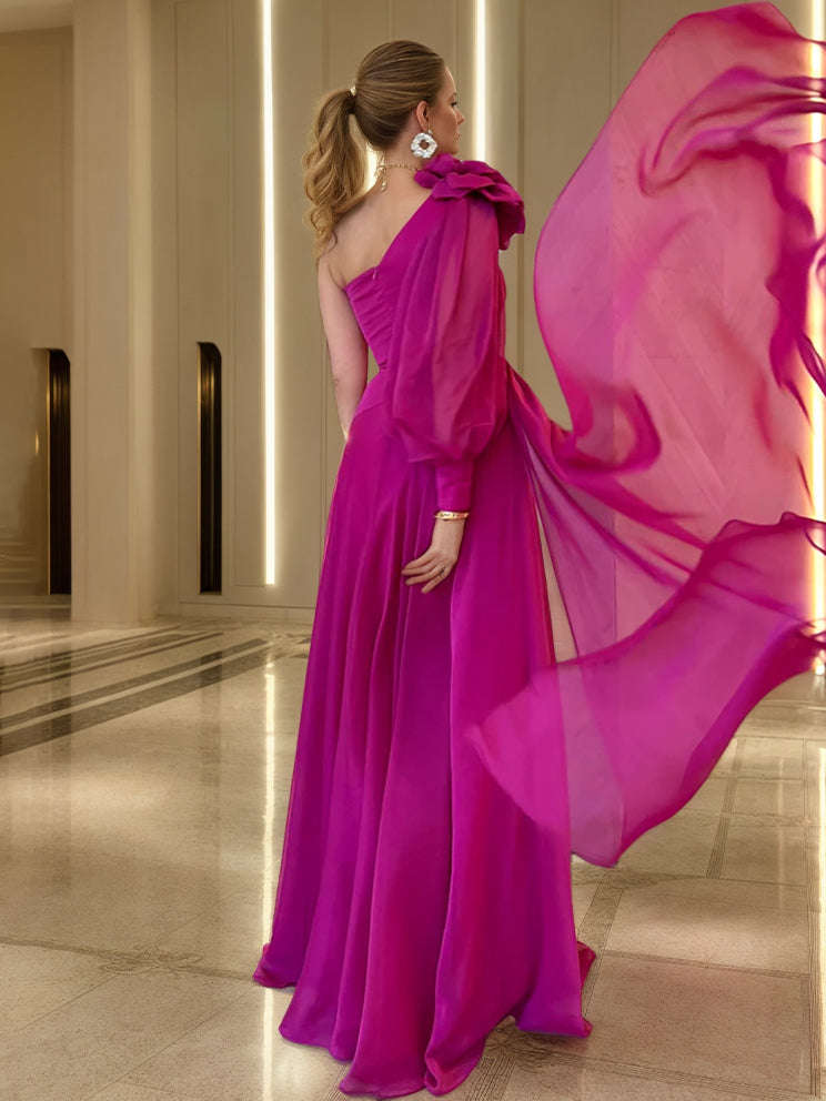 One-shoulder A-Line/Princess Floor-Length Ruched Evening Gown with High Slit & Floral Detail