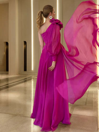 One-shoulder A-Line/Princess Floor-Length Ruched Evening Gown with High Slit & Floral Detail