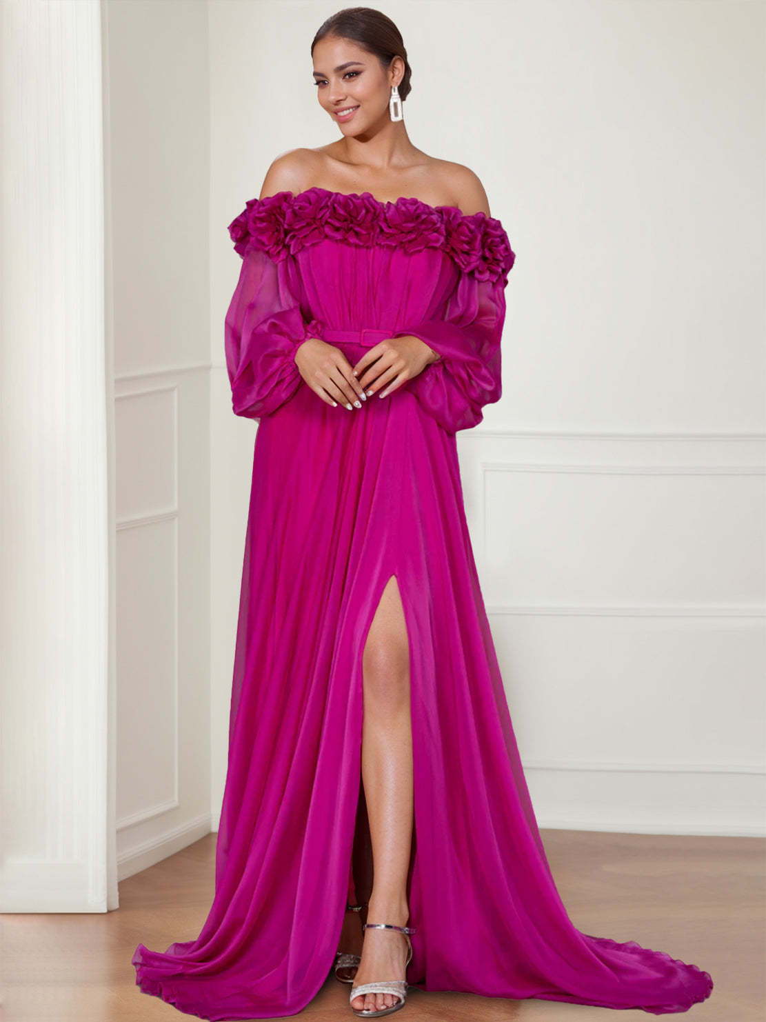 Evening Dresses with Long Sleeves Off-the-shoulder A-Line/Princess Cut and Side Split & Flower