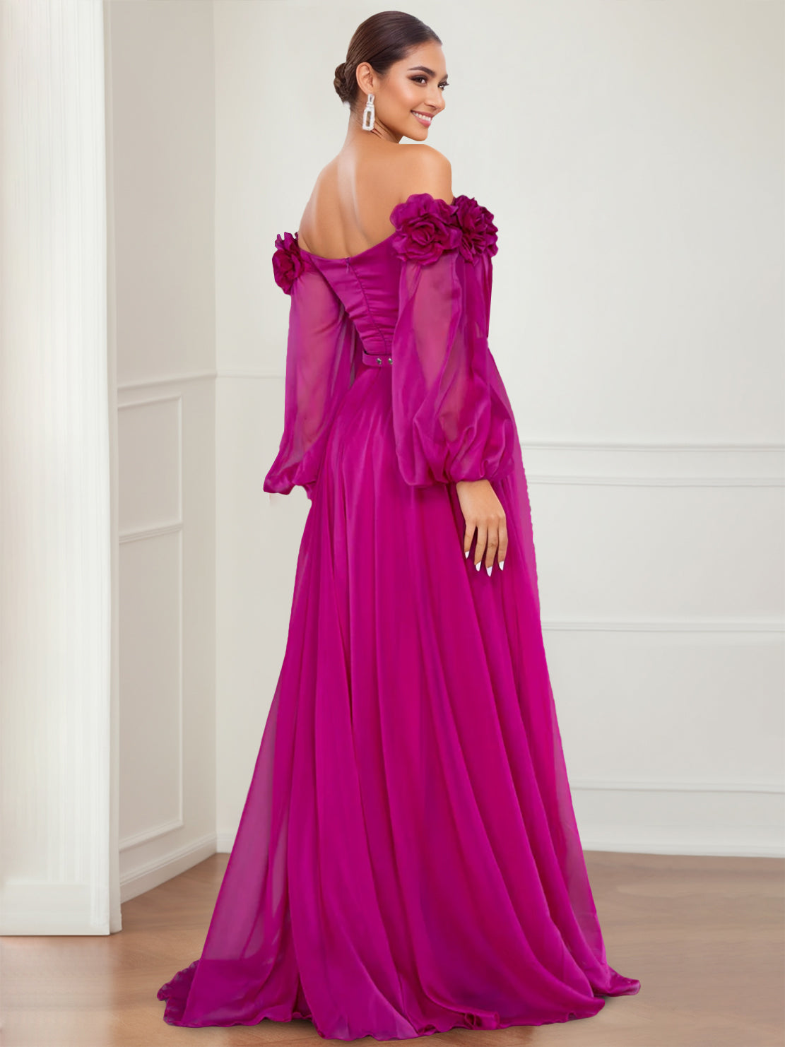 Evening Dresses with Long Sleeves Off-the-shoulder A-Line/Princess Cut and Side Split & Flower