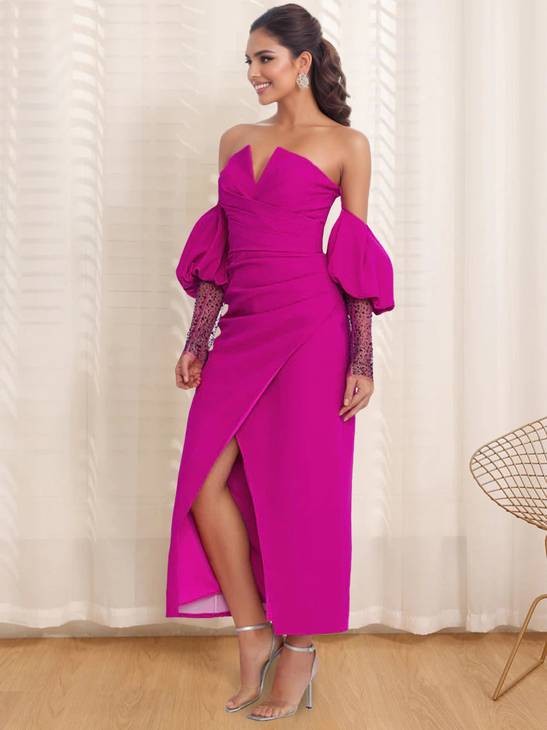 Strapless Ruched Evening Gown with Half Sleeves Side Split and Sequins
