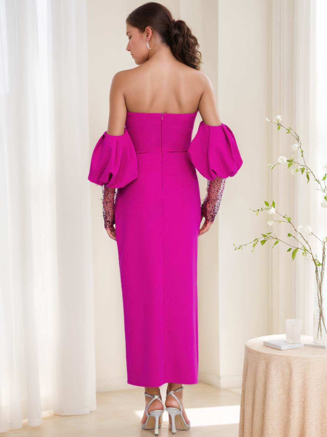 Strapless Ruched Evening Gown with Half Sleeves Side Split and Sequins