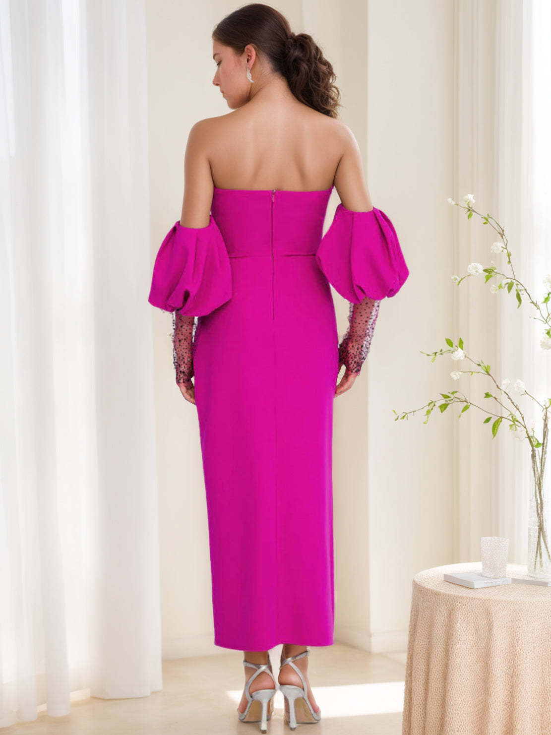 Strapless Ruched Evening Gown with Half Sleeves Side Split and Sequins