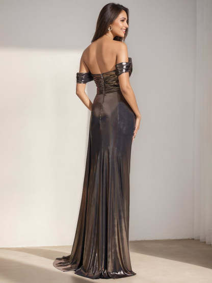 Off-the-shoulder Trumpet/Mermaid Evening Dresses with Side Split & Rhinestone Ruched Detail