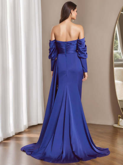 Off-the-shoulder Long Sleeve Ruched Evening Gown with Side Split in Mermaid/Trumpet Style