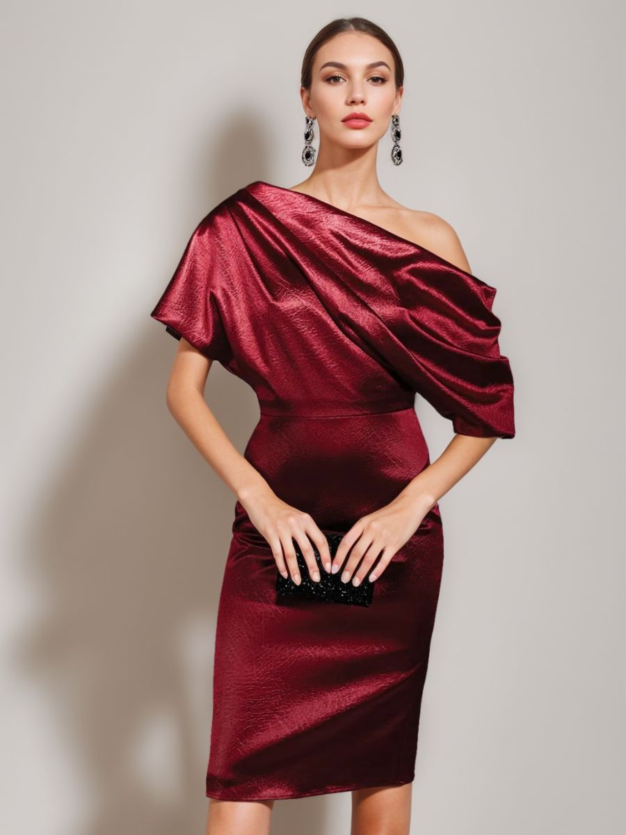 Off-the-Shoulder Short Sleeve Sheath Dress with Ruched Knee-Length Column Design