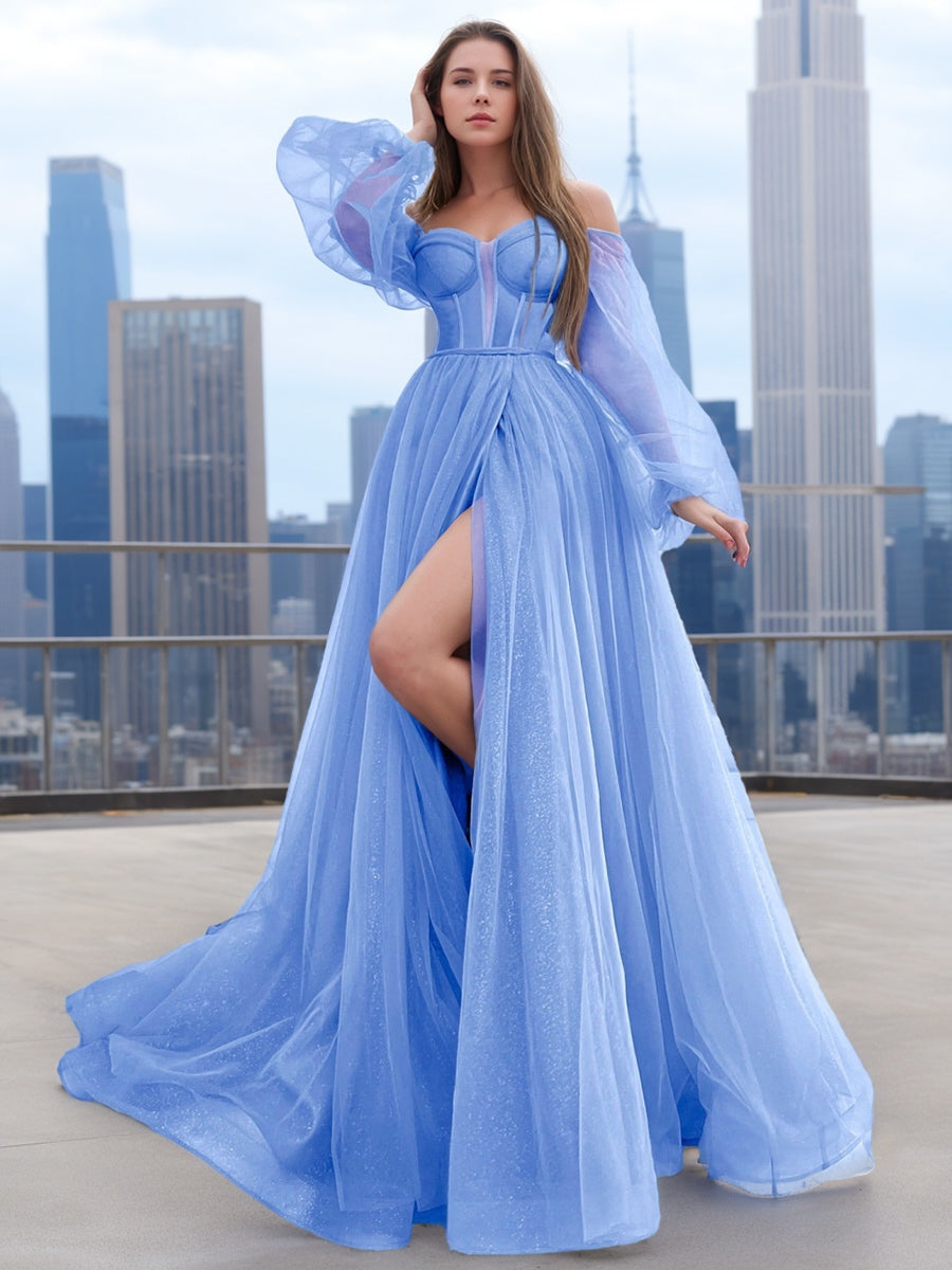 Long Sleeve Strapless A-Line Princess Tulle Prom Dress with High Slit