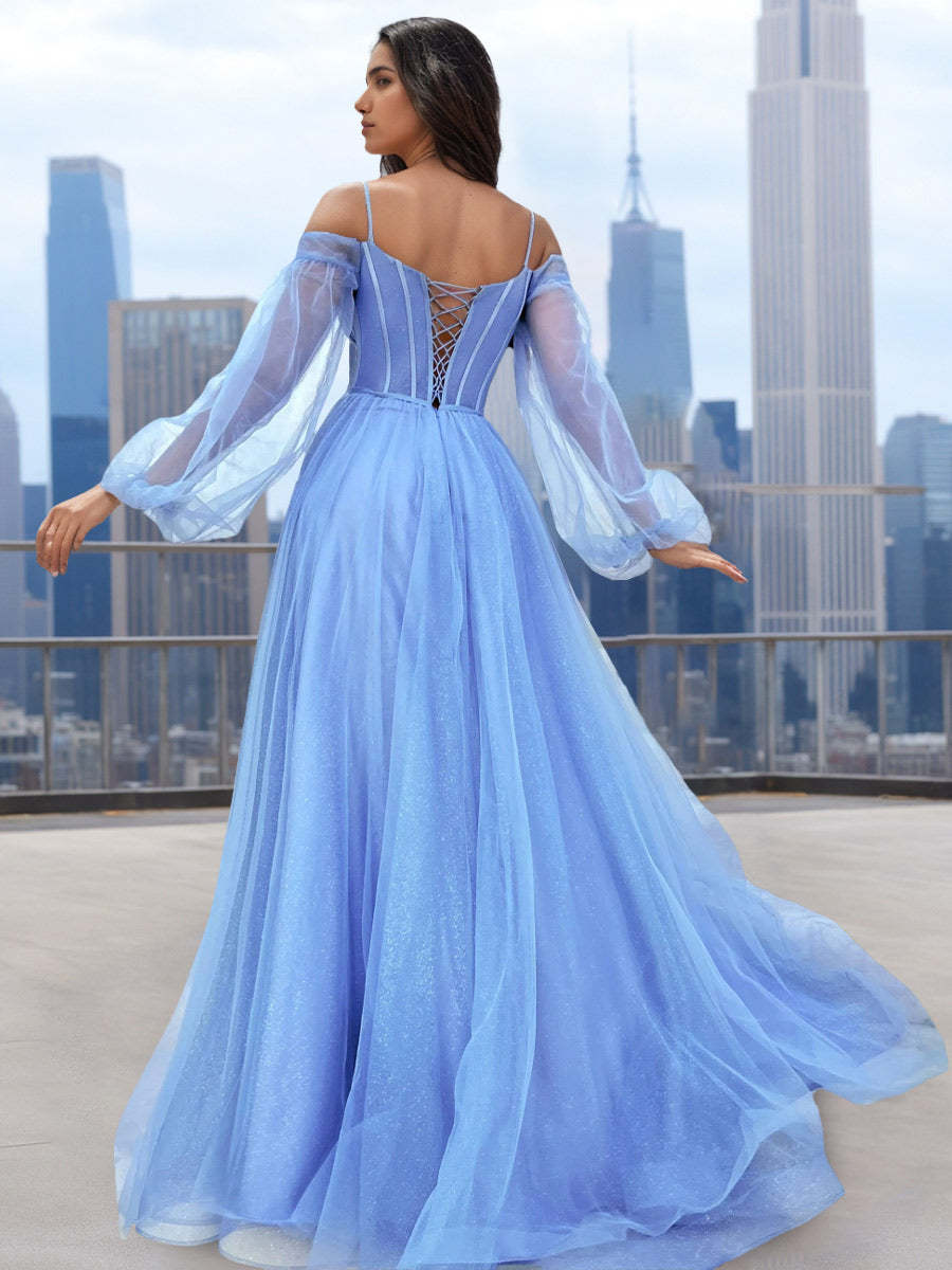 Long Sleeve Strapless A-Line Princess Tulle Prom Dress with High Slit
