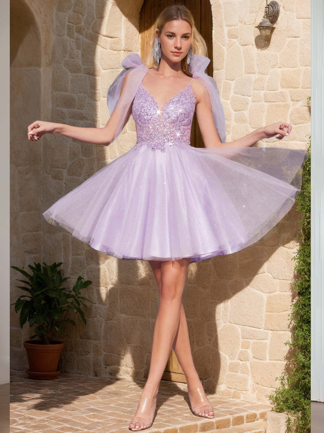V-Neck Mini Tulle Ball Gown Cocktail Dress with Sequins and Appliques
