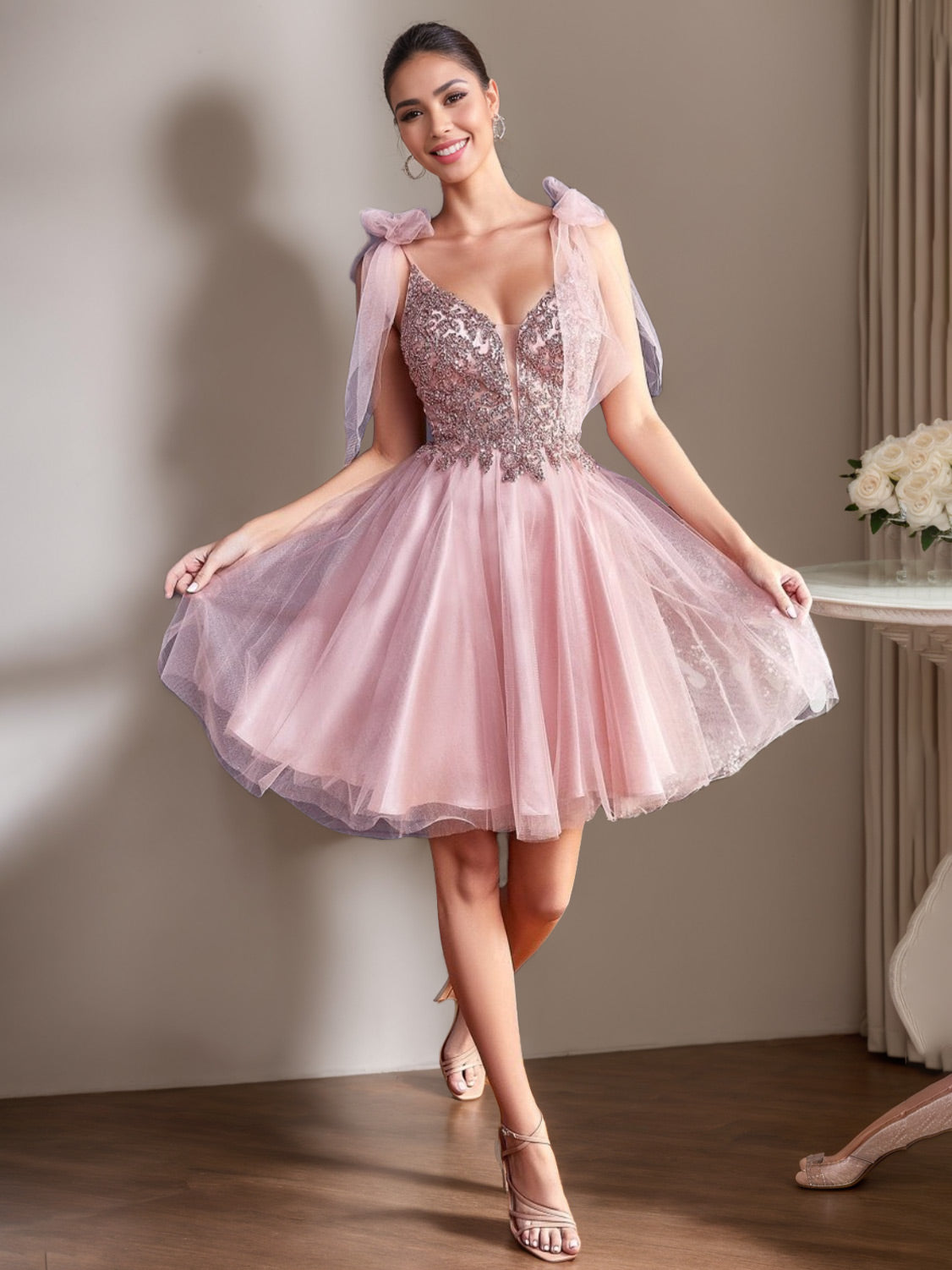 V-Neck Mini Tulle Ball Gown Cocktail Dress with Sequins and Appliques