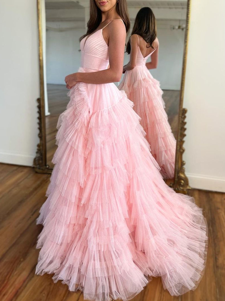 Spaghetti Strap Sleeveless A-Line Floor-Length Prom Dress with Ruffles