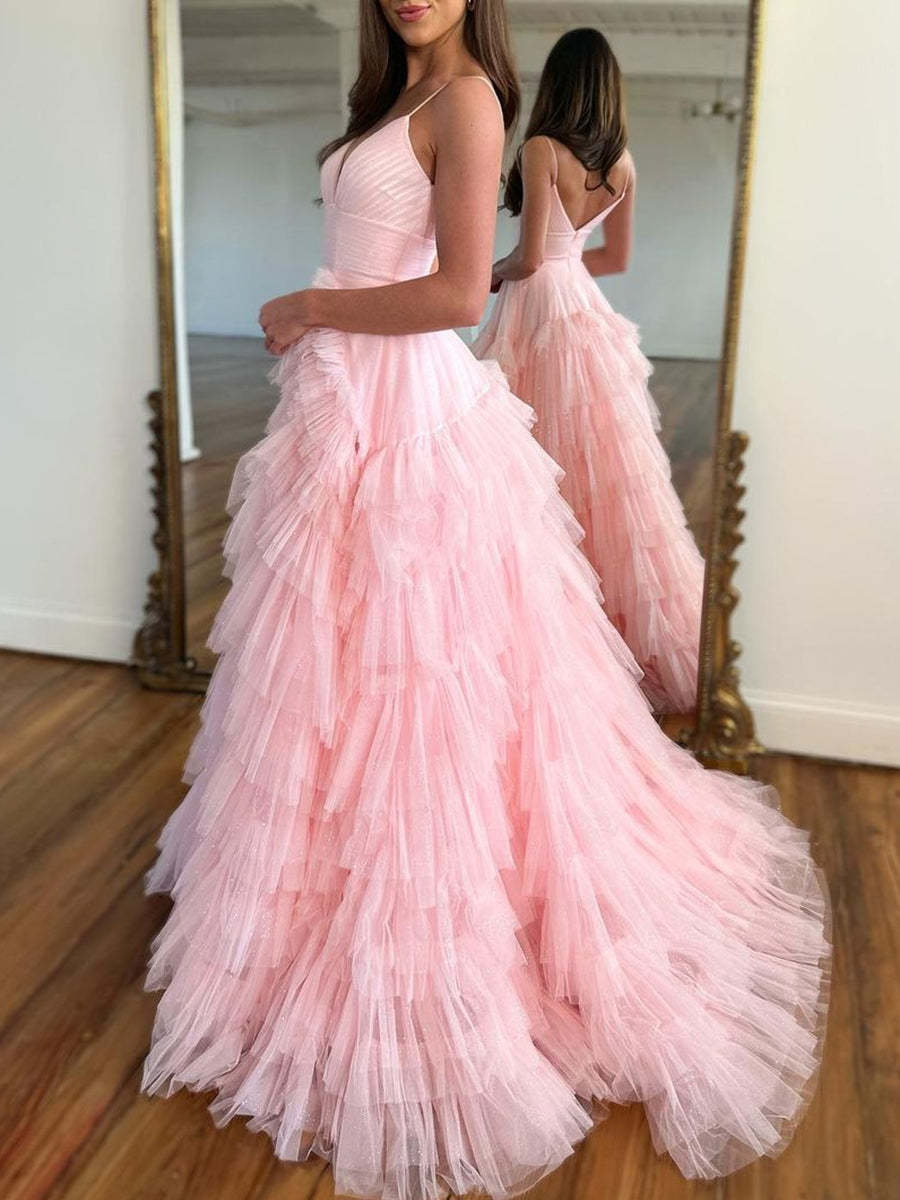 Spaghetti Strap Sleeveless A-Line Floor-Length Prom Dress with Ruffles