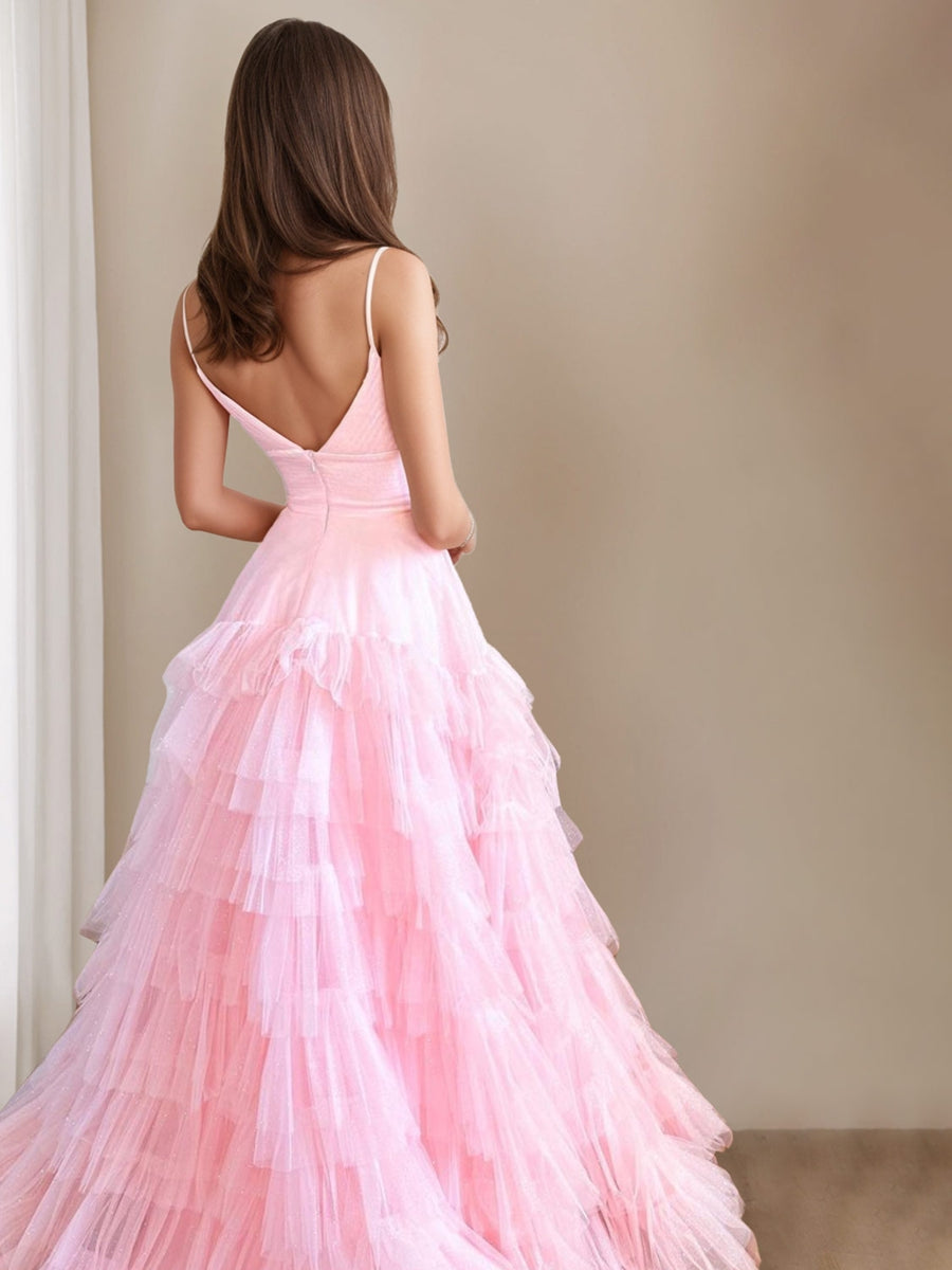 Spaghetti Strap Sleeveless A-Line Floor-Length Prom Dress with Ruffles
