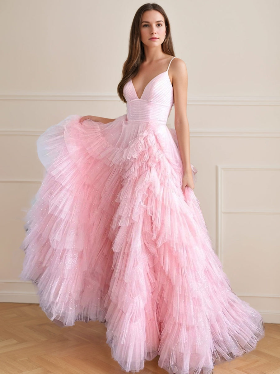 Spaghetti Strap Sleeveless A-Line Floor-Length Prom Dress with Ruffles