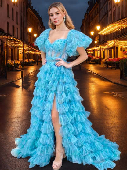 V-Neck A-Line Prom Dress with Short Sleeves Tulle Ruffles and a Side Split