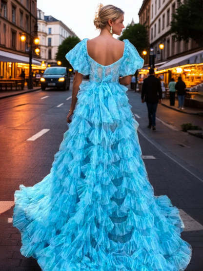 V-Neck A-Line Prom Dress with Short Sleeves Tulle Ruffles and a Side Split