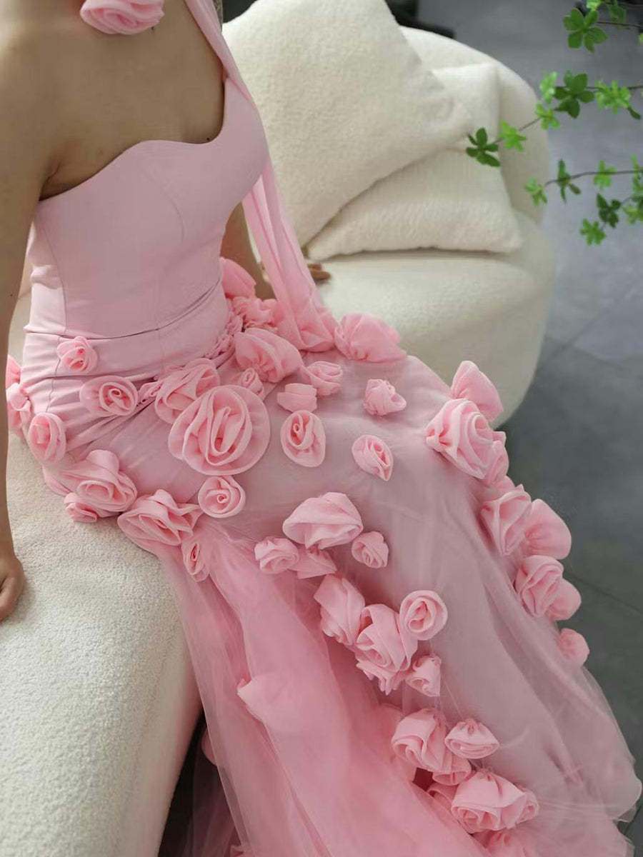 Strapless Sleeveless Prom Dress in Tulle with High Split and 3D Flower Trumpet/Mermaid Style
