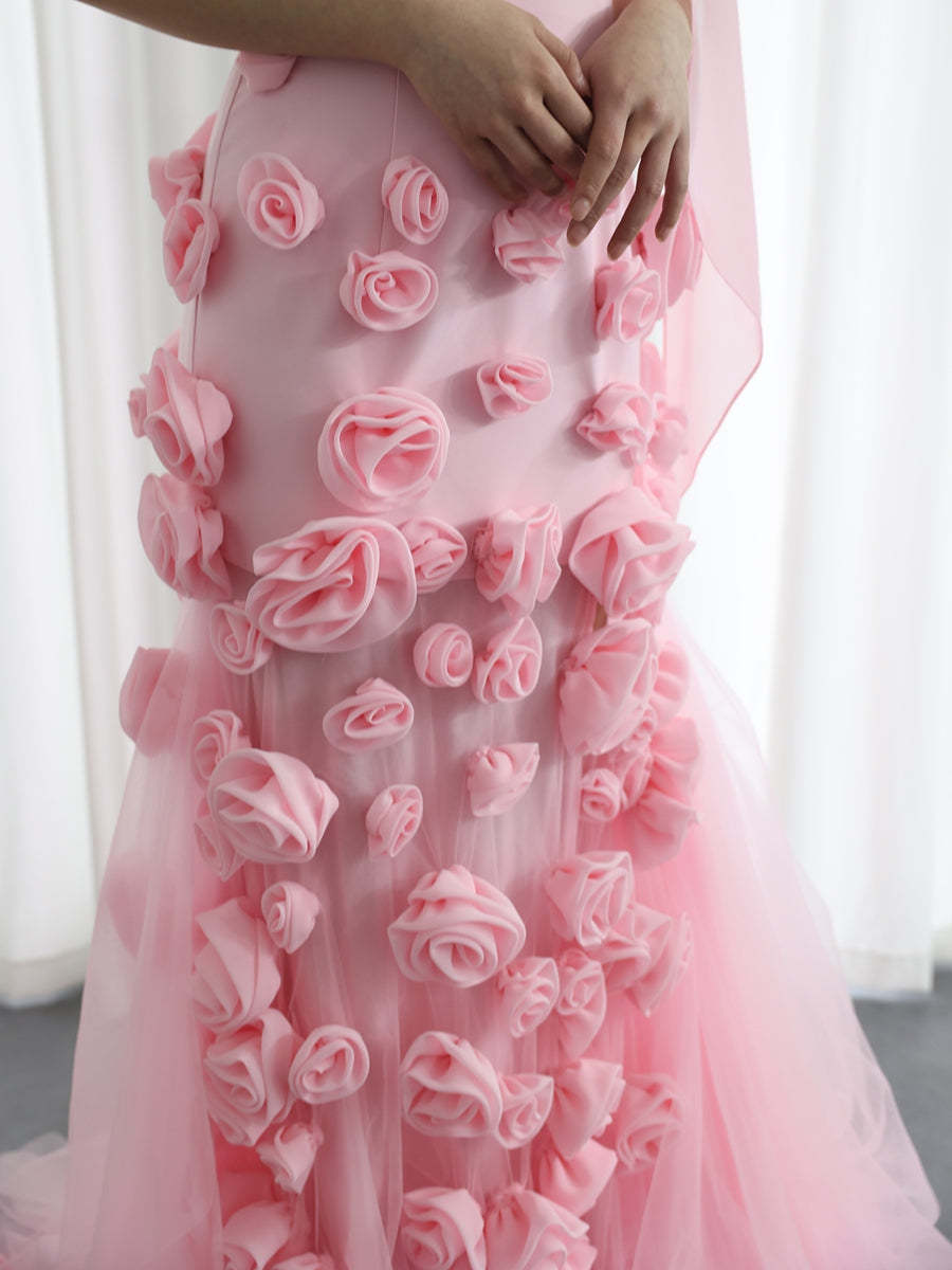 Strapless Sleeveless Prom Dress in Tulle with High Split and 3D Flower Trumpet/Mermaid Style