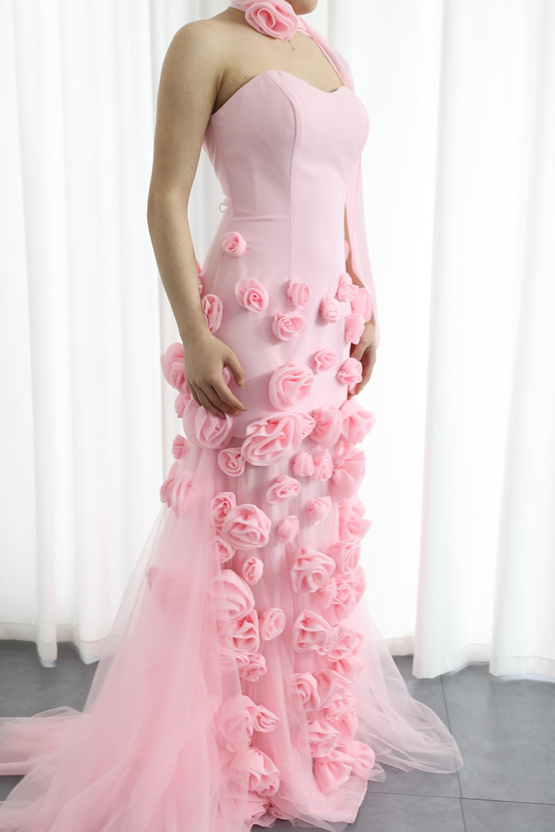 Strapless Sleeveless Prom Dress in Tulle with High Split and 3D Flower Trumpet/Mermaid Style