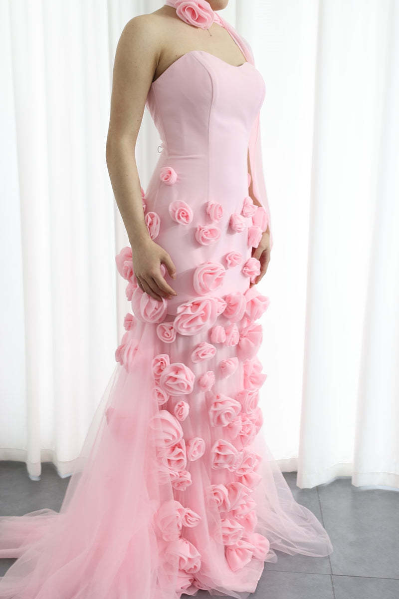 Strapless Sleeveless Prom Dress in Tulle with High Split and 3D Flower Trumpet/Mermaid Style