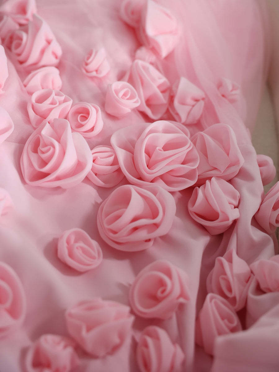 Strapless Sleeveless Prom Dress in Tulle with High Split and 3D Flower Trumpet/Mermaid Style