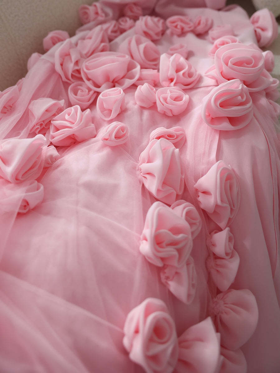 Strapless Sleeveless Prom Dress in Tulle with High Split and 3D Flower Trumpet/Mermaid Style