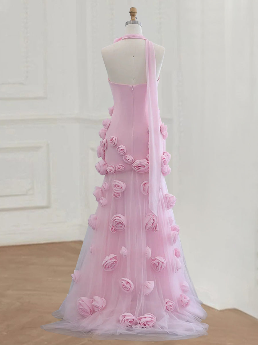 Strapless Sleeveless Prom Dress in Tulle with High Split and 3D Flower Trumpet/Mermaid Style