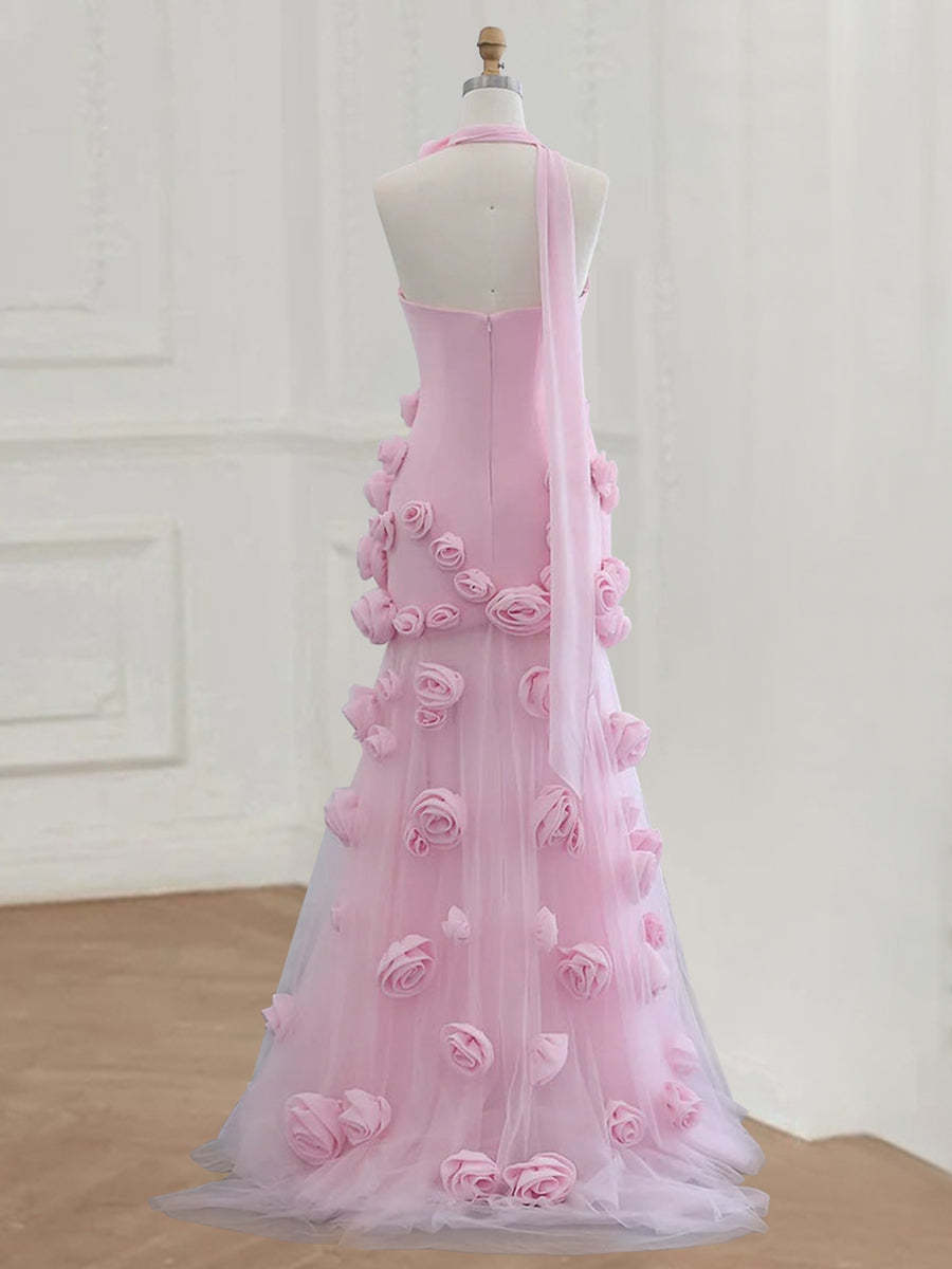 Strapless Sleeveless Prom Dress in Tulle with High Split and 3D Flower Trumpet/Mermaid Style