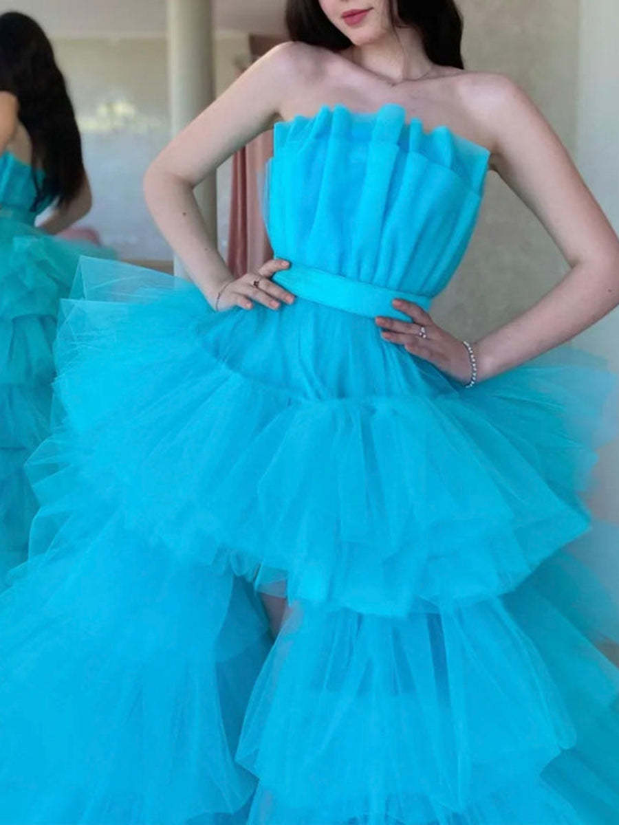 Strapless Sleeveless A-Line Princess Prom Dress with Asymmetrical Ruched Ruffles