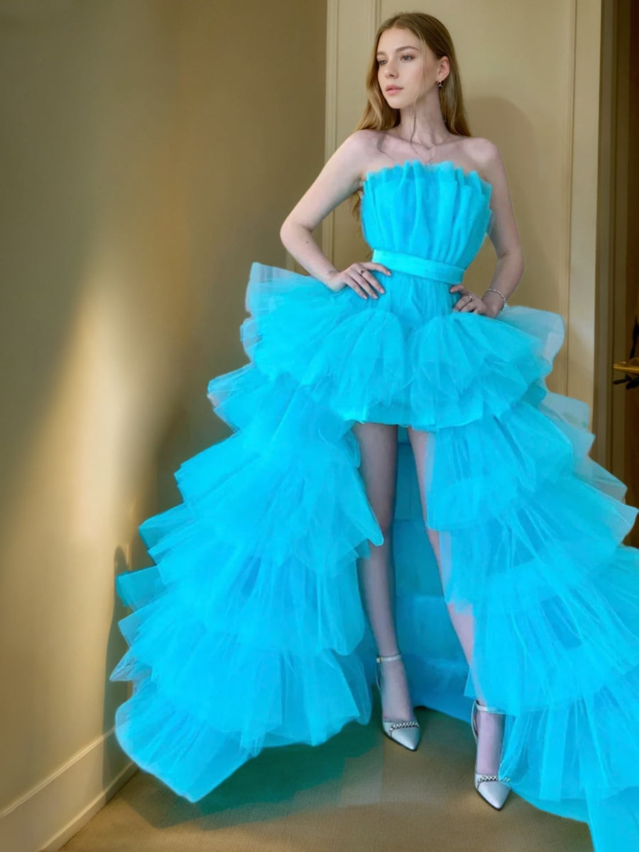 Strapless Sleeveless A-Line Princess Prom Dress with Asymmetrical Ruched Ruffles