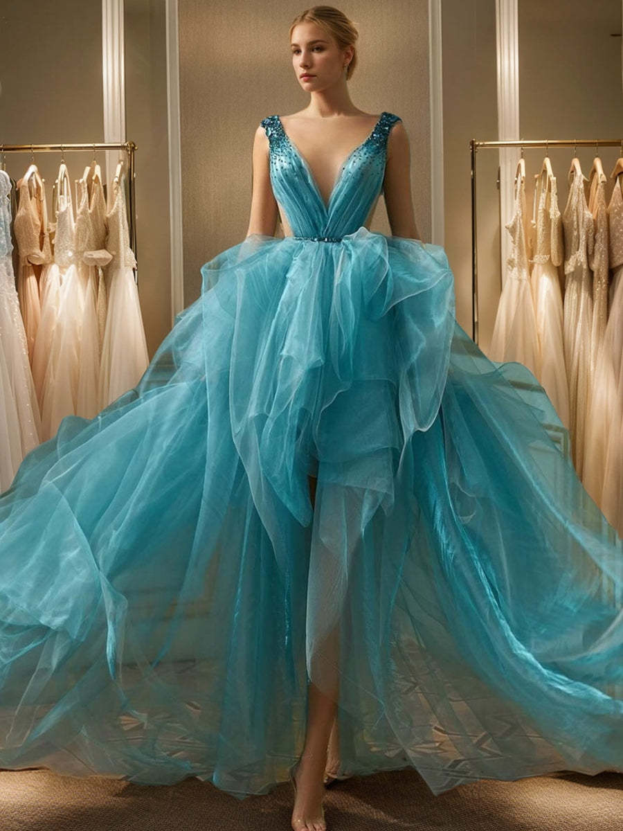 V-Neck Sleeveless Asymmetrical A-Line/Princess Prom Dress with Rhinestone & Beadings