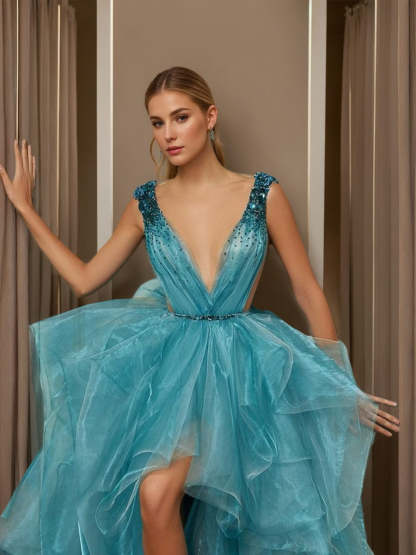 V-Neck Sleeveless Asymmetrical A-Line/Princess Prom Dress with Rhinestone & Beadings